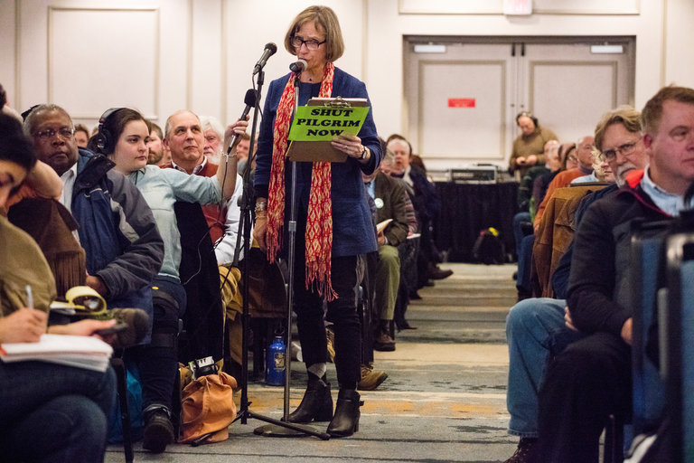 Diane Turco, the director of Cape Downwinders, which is opposed to the Pilgrim nuclear plant, speaking at a public hearing on Tuesday. Credit M. Scott Brauer for The New York Times