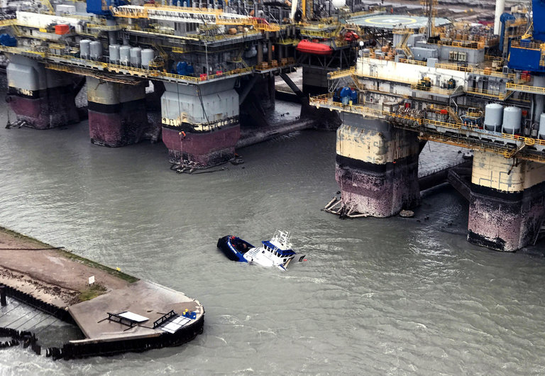 A vessel, the Signet Enterprise, sinking on Saturday near Port Aransas, Tex.; its crew was rescued. The narrow shipping channel near Port Aransas may be the most threatened choke point on the Gulf Coast. Credit U.S. Coast Guard, via Getty Images