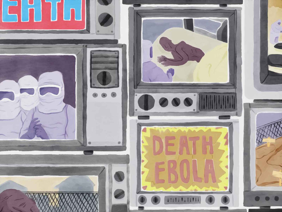 Illustration of screens showing patients in a ward for Ebola patients. JI SUB JEONG/HUFFPOST