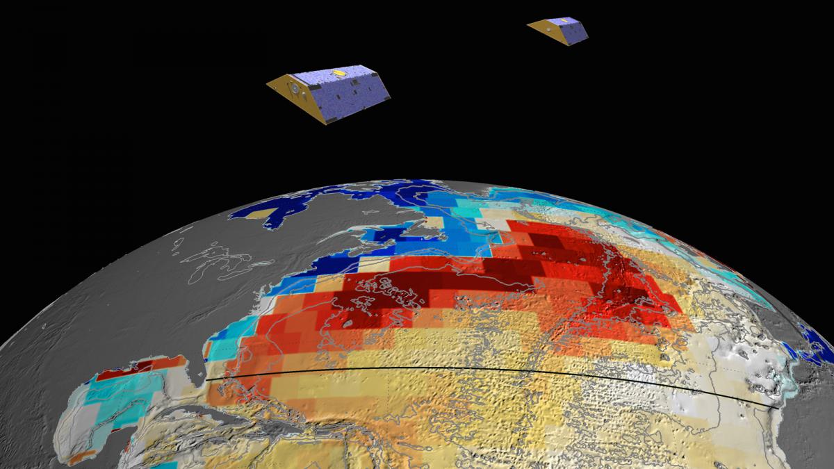 NASA's GRACE satellites (artist's concept) measured Atlantic Ocean bottom pressure as an indicator of deep ocean current speed. In 2009, this pattern of above-average (blue) and below-average (red) seafloor pressure revealed a temporary slowing of the deep currents. Image credit: NASA/JPL-Caltech