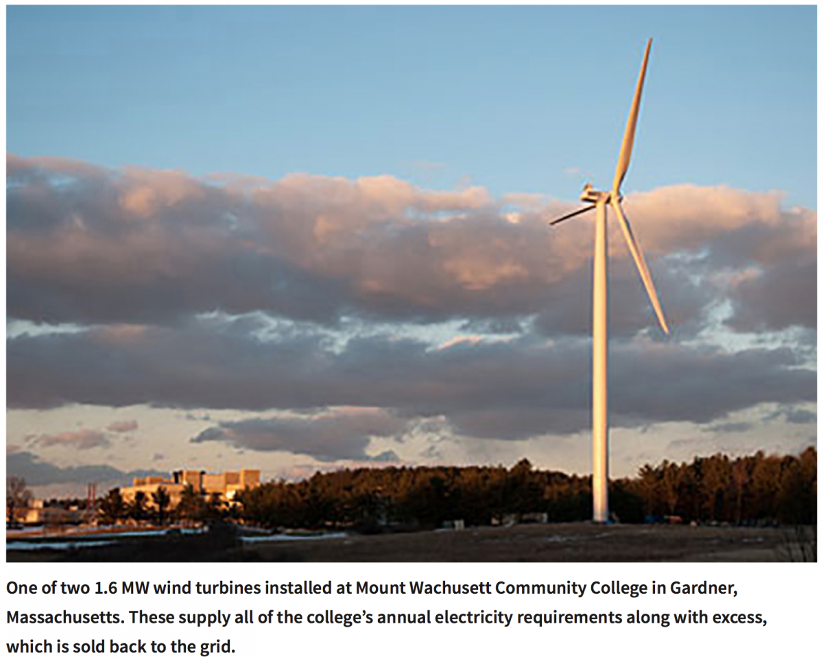 A 1.6 MW wind turbine installed at Mount Wachusett Community College. (Photo credit: Mount Wachusett Community College)