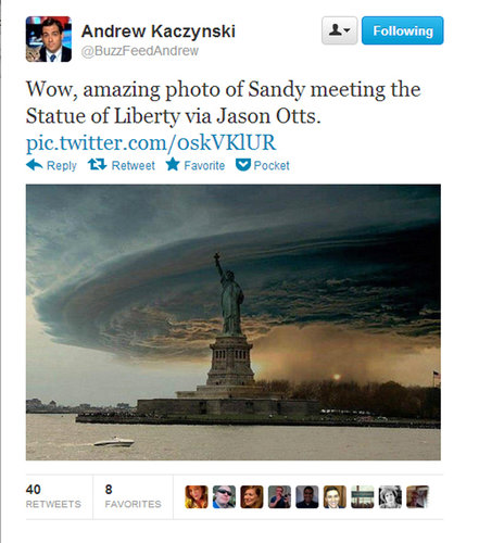A startling but manufactured image of the giant storm that made the rounds on Twitter and Facebook. 